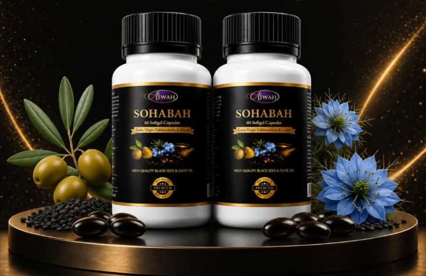 Dua botol AIWAH SOHABAH 60 softgel capsules dengan buah zaitun dan biji habbatussauda