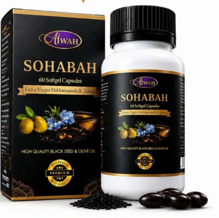 Kotak dan botol AIWAH SOHABAH dengan biji habbatussauda dan softgel
